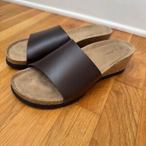 ✨3/$20✨ Sonia Brown Slide Sandals. Cork Wedge. Women’s Size 9